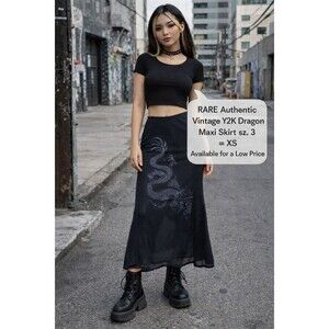 Vintage Y2K Women's A-Line Black Dragon Maxi Jay Jacobs Grunge Skirt sz. 3 = XS